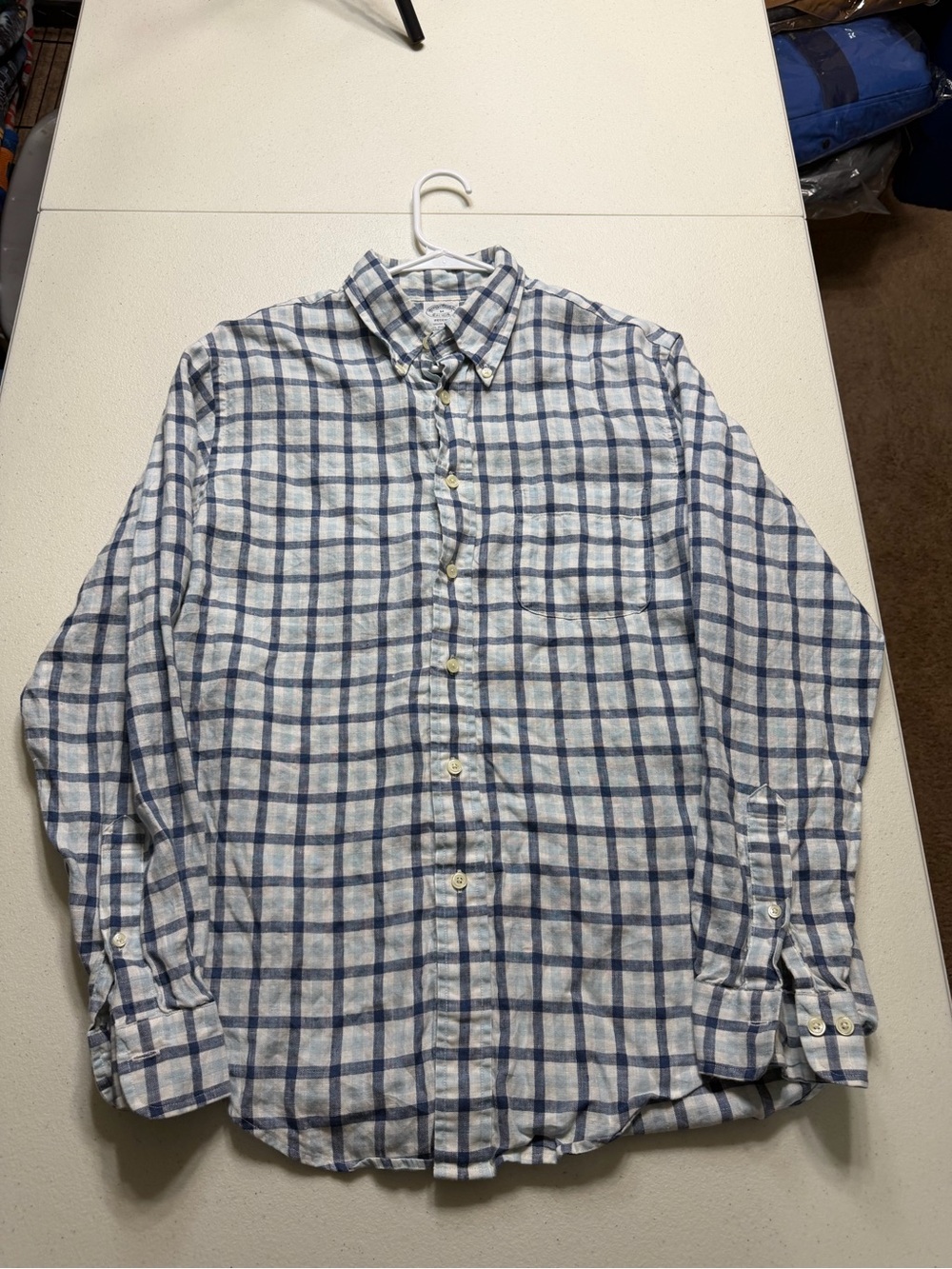 brooks brothers regent linen shirt mens M blue white check button down